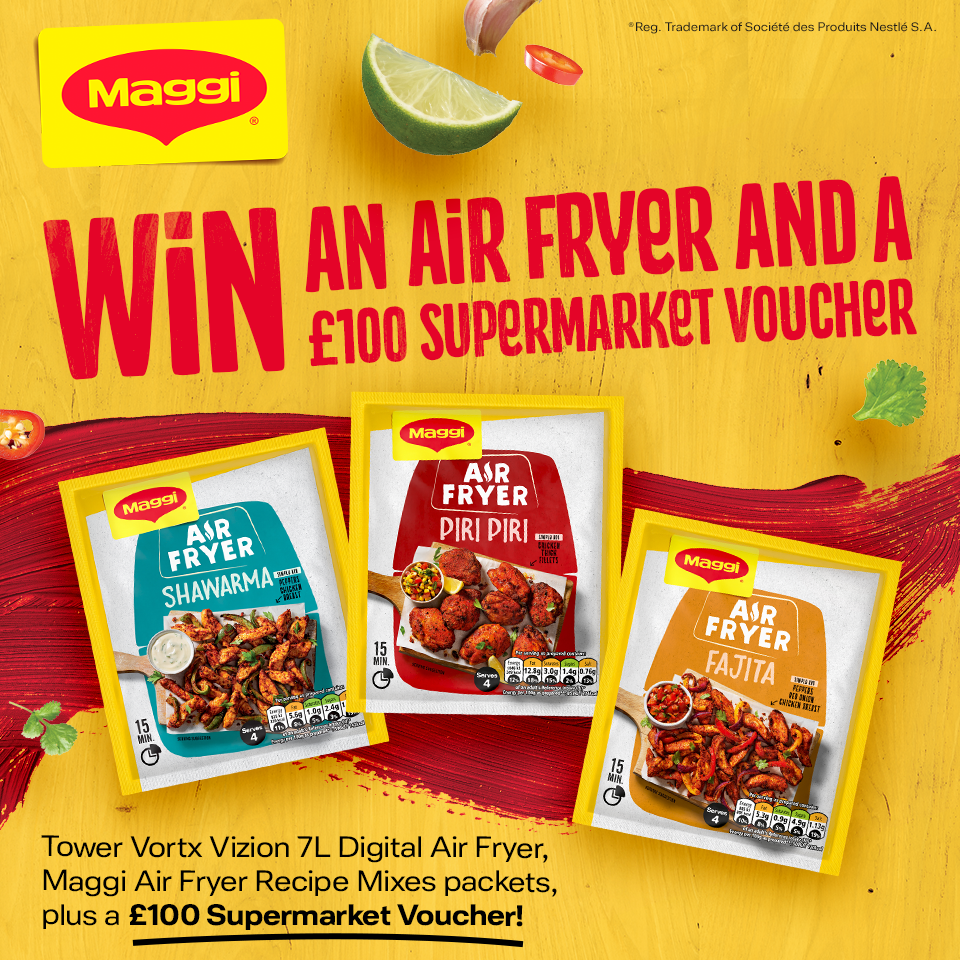 Win a Tower Vortx 77 Digital air fryer, Maggi air fryer Recipe Mixes packets and a £100 Supermarket Voucher