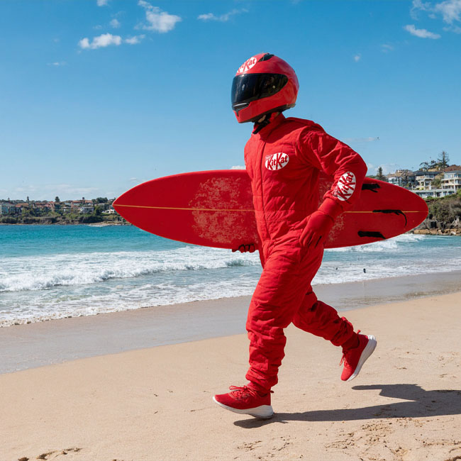 KitKat Crew member on the beach with a surfboard