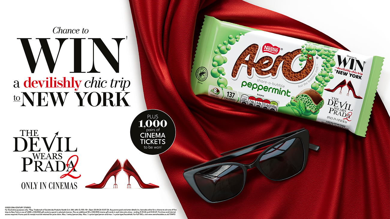 Chance to WIN a devilishly chic trip to NEW YORK | The Devil Wears Prada 2 - Only In Cinemas | Aero Peppermint packshot and sunglasses on red silk material